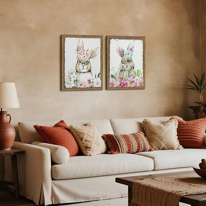 Framed Vintage Easter Wall Art Decor, Easter Bunny Picture Wall Decorations Set of 2, Spring Rustic Rabbit Poster Prints Painting for Kids Room Living Room Bedroom 16x24 Inch