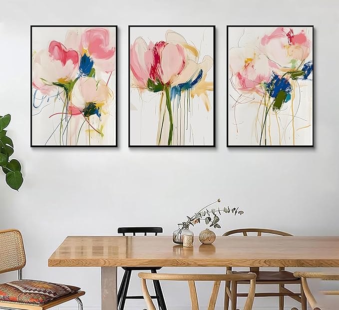 3PCS Colorful Abstract Line Floral Canvas Wall art Botanical Floral Line Posters Print Modern Minimalist Flower Pictures Wall Decoration for Girls' Room Bedroom Living room Unframed