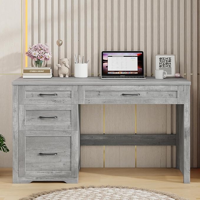 Farmhouse 47" Executive Desk with File Drawer, Wood Computer Desk with 3 Storage Drawers, Workstation for Home Office, Study, Writing(Grey)