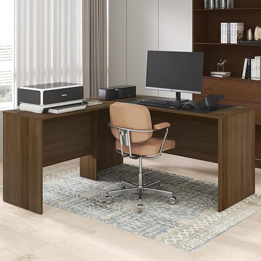 Furinno Roger 60 Inch L-Shaped Office Desk, Executive Desk with Reversible Desk Return, Modesty Panel, Desk Cord Grommet, Scratchproof, for Home Office, Modern Walnut