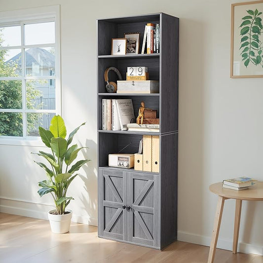 YESHOMY 71.5" Tall Bookshelf and Bookcase, Industrial Bookshelves and Bookcases with Doors, 4-Tier Floor Standing Tall Display Storage Cabinet with Doors for Home Office, Living Room, Gray, 1 PCS
