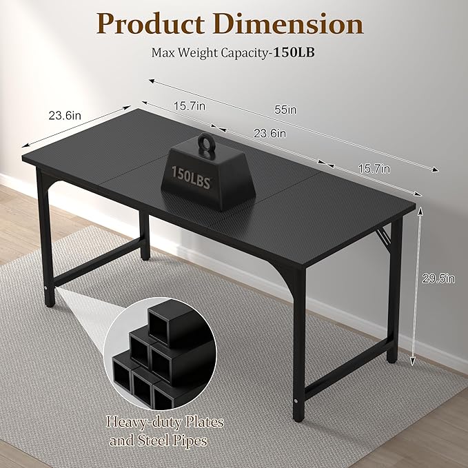 55 X 23.6 Inch Computer Desk, Office Desk w/Deeper Carbon Fiber Desktop, Modern Simple Study Table w/Sturdy Metal Frame & Large Legroom, Gaming Writing Work Desk for Home Office, Bedroom