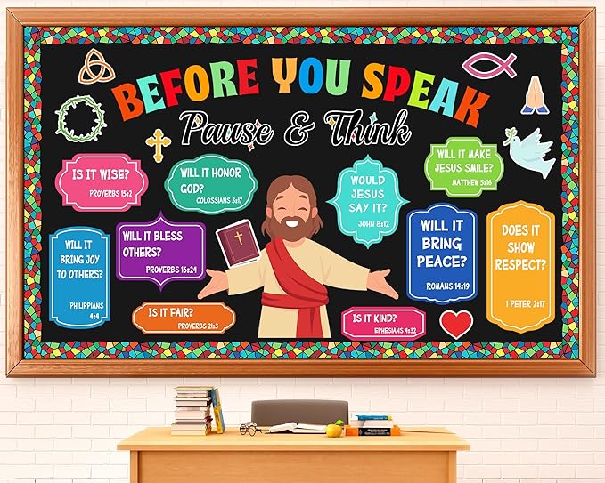 Christian Bulletin Board Set Jesus Bible Verse Church Cross Classroom Decoration Sunday School Bulletin Board Thorn Crown Pigeon Fish Symbol Cutouts for Religion School Chalkboard Wall Decor