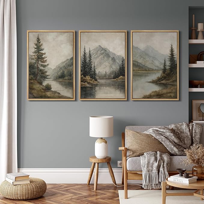 MUDECOR Framed Wall Art Print Set Mountain Landscape Nature with Trees, Lake, and Mountains, Rustic Illustrations Modern Art Decorative Colorful for Living Room, Bedroom, Office - 24"x36"x3 Natural