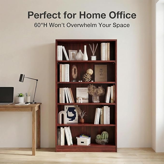 5 Tier Wooden Bookshelf, 60" H Tall Book Shelf with Adjustable Shelves, 33" Wide Bookshelf for Home Office, Living Room