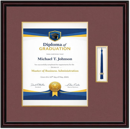 Diploma Frame with Tassel Holder 21.25 x 21 Executive Brown Shadowbox Dark Red Over Gold Mat - Fits 11 x 14 Degree Made in the USA