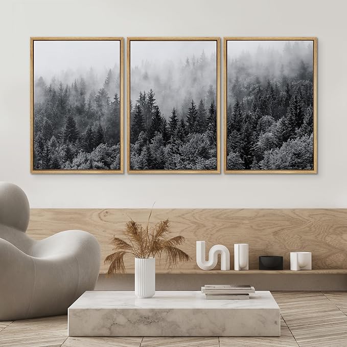 SIGNWIN Framed Canvas Print Wall Art Set Black & White Misty Mountain Forest Nature Wilderness Photography Modern Art Chic Landscape Relax/Calm for Living Room, Bedroom, Office - 24"x36"x3 Natural