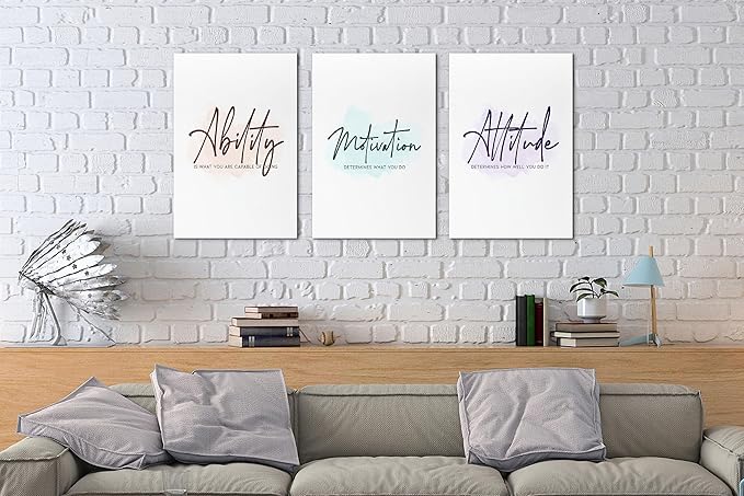 SHMAO Office Canvas Wall Art Motivational Wall Decor, 3 Piece Ability Motivation Attitude Print Pictures for Office Wall Decor Women Inspirational Framed Artwork Home Office Decor 12”x18”x3 Panels