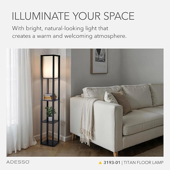 Adesso Square Floor Lamp with 3-Tier Open Shelves, Black Base, Fabric Shade, 72” T x 10.5” W, Extended Length Cord, Enhances Room Decor and Home Lighting