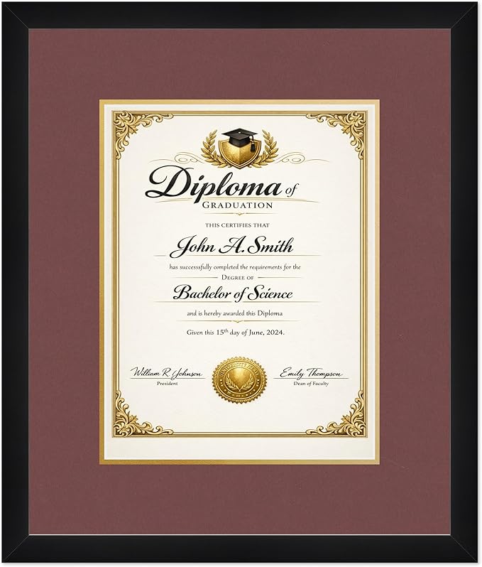 CountryArtHouse Diploma Frame Fits 10 x 13 College Diploma (Portrait Traditional) - Keepsake Graduation Di Matte Black Genuine Hardwood with Dark Red Over Metallic Gold Double mat