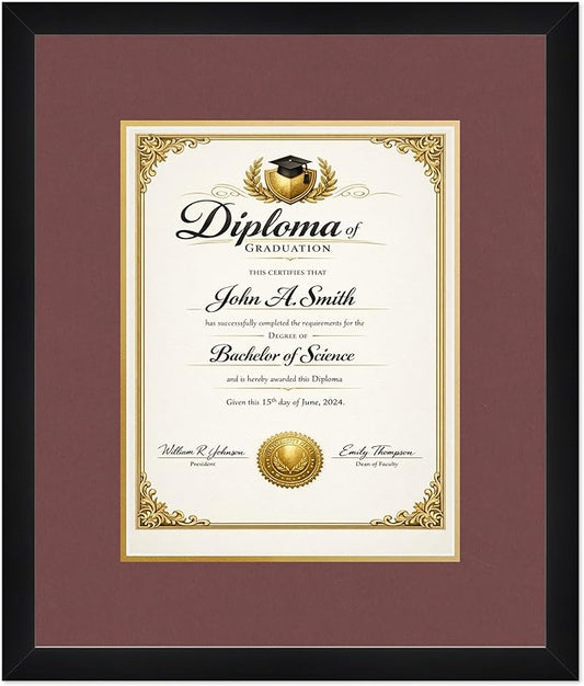 CountryArtHouse Diploma Frame Fits 10 x 13 College Diploma (Portrait Traditional) - Keepsake Graduation Di Matte Black Genuine Hardwood with Dark Red Over Metallic Gold Double mat
