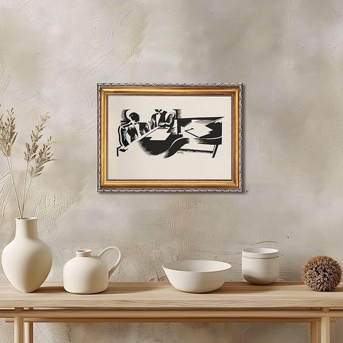 Framed Abstract Meeting Scene Poster Canvas Print Art, Modern Wall Art Painting, Elegant Pictures, Minimalist Aesthetic Wall Decor, Office Decoration, Art Print for Living Room, Apartment (Retro Framed,12L"x16W")
