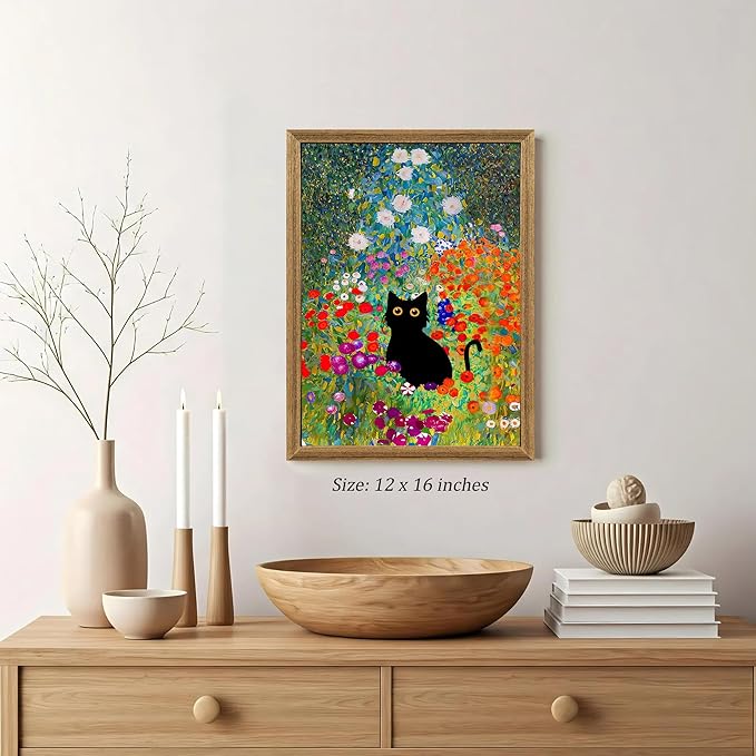 Fantasy Artists Gustav Klimt Canvas Wall Art, Framed Aesthetic Cat Floral Wall Decor, Garden Flower Black Cat Poster Paintings for Living Room Bedroom Bathroon, Dorm Home Decorations, 12" X 16"