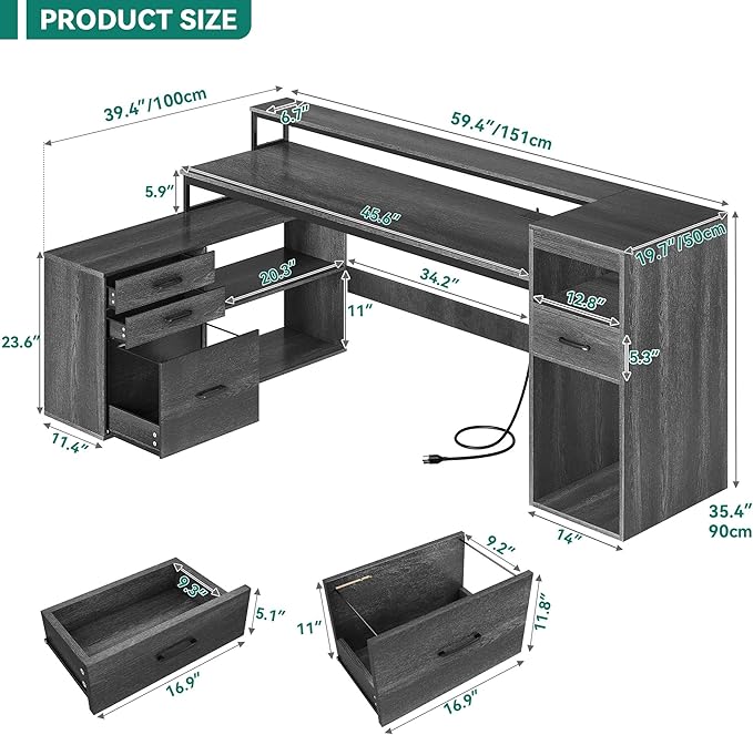 YITAHOME L Shaped Desk with Drawers, 59" Corner Computer Desk with Power Outlets & LED Lights, Farmhouse Wood L-Shaped Desk with File Cabinet, Printer Stand, Host Stand for Home Office, Grey