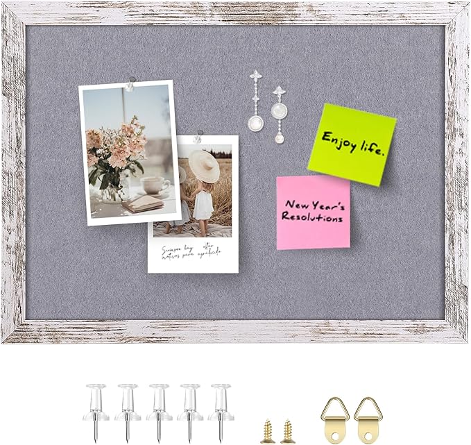 Gray Felt Bulletin Board, 14.2x10.2 inches Decorative Hanging Bulletin Boards for Walls with White Rustic Wood Frame, Pin Board Vision Board for Office Home School with Pins (2636,WH,1pc)