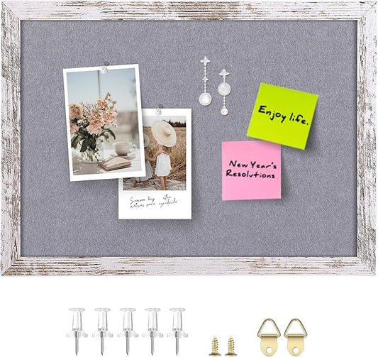 Gray Felt Bulletin Board, 14.2x10.2 inches Decorative Hanging Bulletin Boards for Walls with White Rustic Wood Frame, Pin Board Vision Board for Office Home School with Pins (2636,WH,1pc)