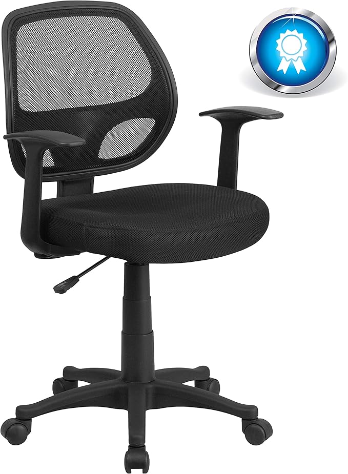 Flash Furniture Mallard Mid-Back Swivel Mesh Office Chair with Padded Seat and T-Arms, Height-Adjustable Ergonomic Padded Office Desk Chair, Black