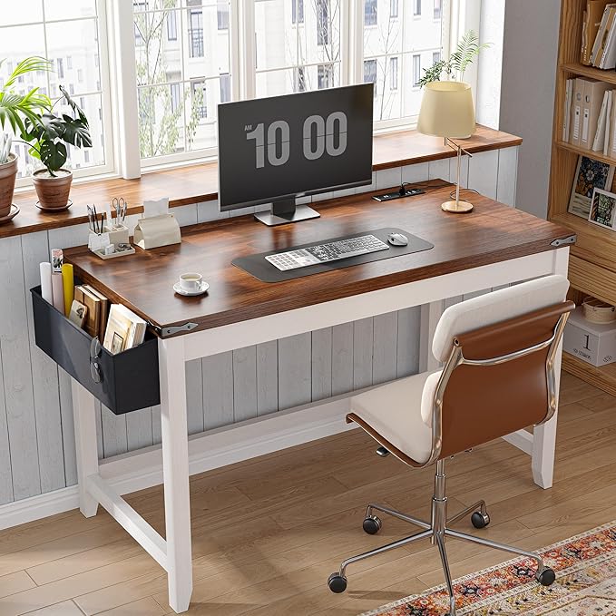 EnHomee 40 Inch Small Desk with Storage Bag Detachable, Gaming Desk with Power Outlet, Modern Simple Home Office Desk and Writing Desk for Small Spaces, Study Desk for Bedroom, Brown & White