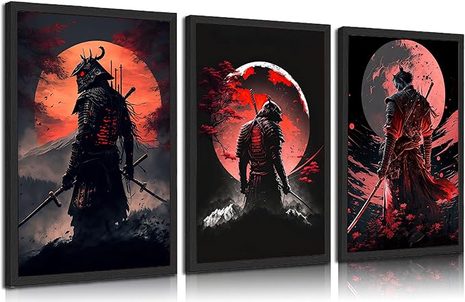 3pcs Japan Samurai Canvas Wall Art Japanese Bushido Posters Prints Paintings Japanese Style Full Moon Ninja Wall Decor Pictures for Living Room Bedroom Home Artwork Decoration Unframed