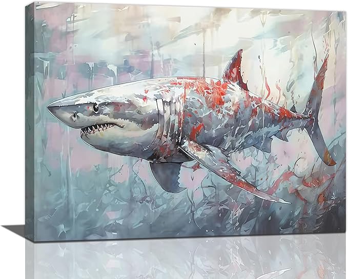 yerretin Ocean Shark Wall Art Nautical Shark Pictures Wall Decor Beach Coastal Undersea Canvas Painting Modern Artwork Home Decorations for Bathroom Bedroom Living Room Office Framed 16"x12"