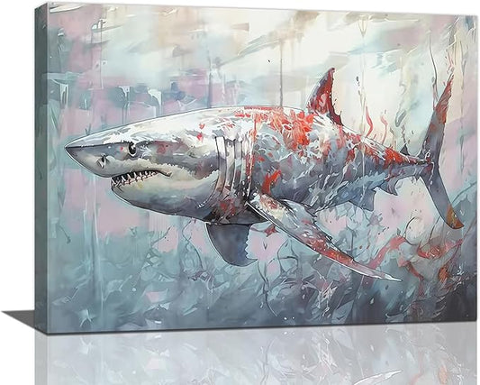yerretin Ocean Shark Wall Art Nautical Shark Pictures Wall Decor Beach Coastal Undersea Canvas Painting Modern Artwork Home Decorations for Bathroom Bedroom Living Room Office Framed 16"x12"