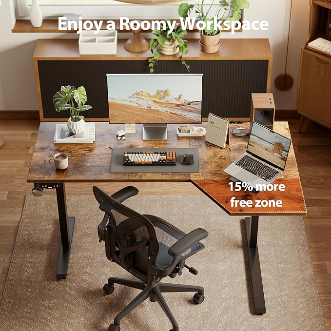 Agilestic Electric Standing Desk, Height Adjustable Desk, 63 x 35 Inch Sit Stand up for Work Office Home, L Shaped Ergonomic Rising Computer Table with Memory Preset, Rustic Brown
