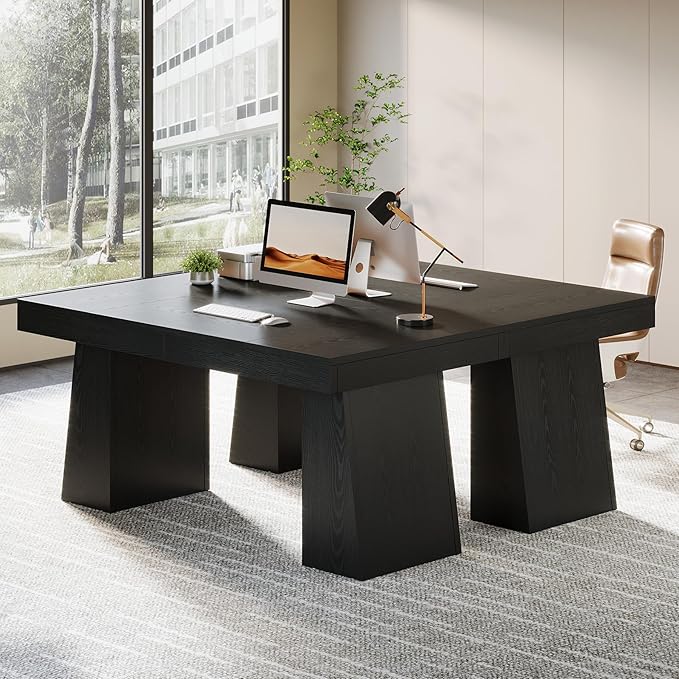 Tribesigns 55-Inch Executive Desk, Thick Wood Office Computer Desk with Double Pedestal, Modern Minimalist Workstations Writing Table Conference Table Furniture for Home Office, Black