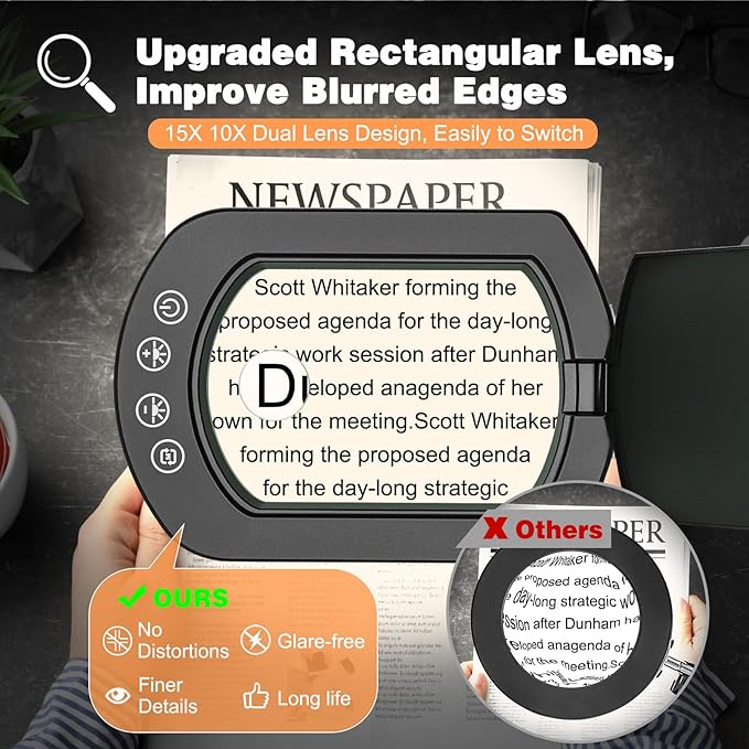 Magnifying Glass with Light and Clamp, 15X 10X Desk Rectangle Magnifying Lamp with Dust Cover, 5 Color Modes, 84 LED Lighted Magnifier Hands Free, Table Lamp with Touch Button for Repair Crafts Hobby
