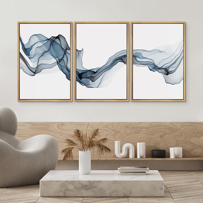SIGNWIN Framed Canvas Print Wall Art Flowing Blue Smoke Abstract Shapes Digital Art Modern Art Minimalist Relax/Calm Cool for Living Room, Bedroom, Office - 16"x24"x3 Natural