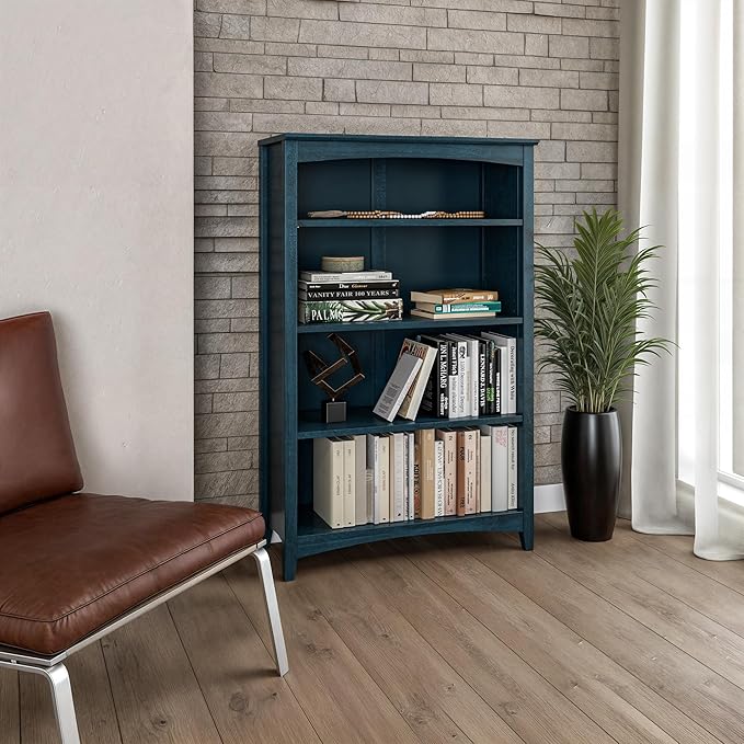 Camaflexi Shaker Style 4 Shelf Bookcase/Solid Wood / 48" High/Adjustable Shelving/Closed Back/Display Bookshelf for Living Room, Bedroom, Home and Office, Deep Ocean Blue