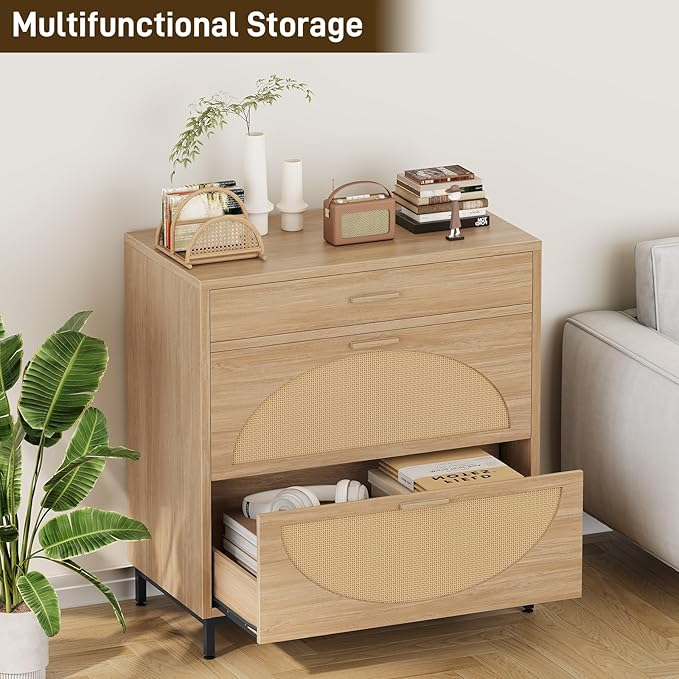 Lateral File Cabinet with 3 Drawers, Eco Rattan Wood File Cabinet for Home Office, Large Filing Storage Cabinets Printer Stand for Letter/Legal/A4 Size Hanging File