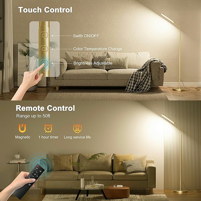 Dimmable LED Floor Lamp, Super Bright Reading Lamps Floor Standing lamp with Remote & Touch Control, Stepless Dimming & 2700K-6500K Color Temperature, for Living Room Bedroom Office, Gold