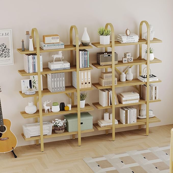 Wide Bookshelf Arched Bookcase, Industrial 5 Tier Open Book Shelves with Metal Frame, 72" Tall Freestanding Heavy Duty Display Rack for Home Office, Living Room,Nature Wood & Gold,Easy Assembly