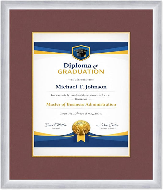 Diploma Frame Stainless Silver With Dark Red Over Gold Double Mat - Fits 11 x 14 College Diploma (Portrait) Wall Display Made in the USA