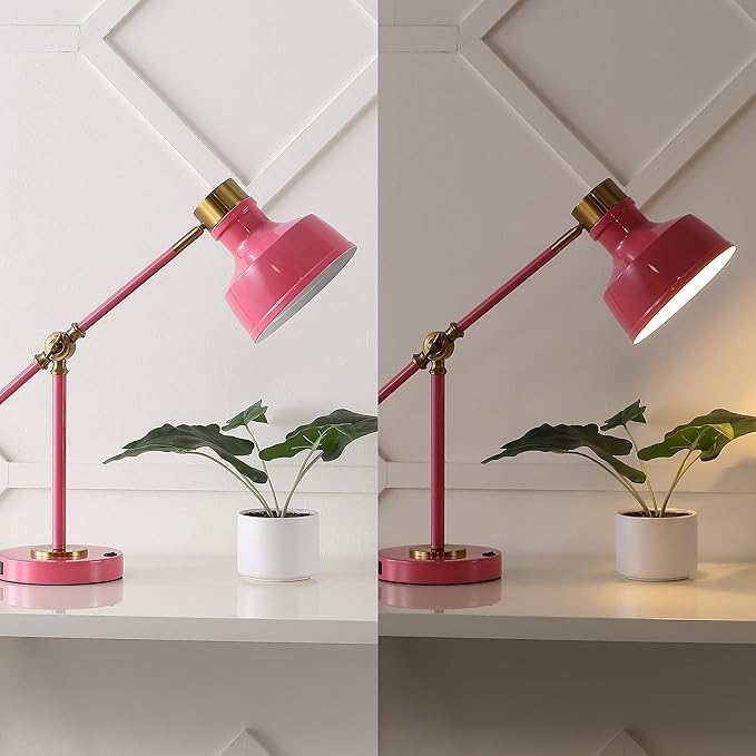 JONATHAN Y 18.5" Pink/Brass Gold Adjustable Cantilever LED Task Lamp with USB Charging Port, Vintage Farmhouse Desk Lamp for Home Office Reading, Metal Shade (JYL7124D)