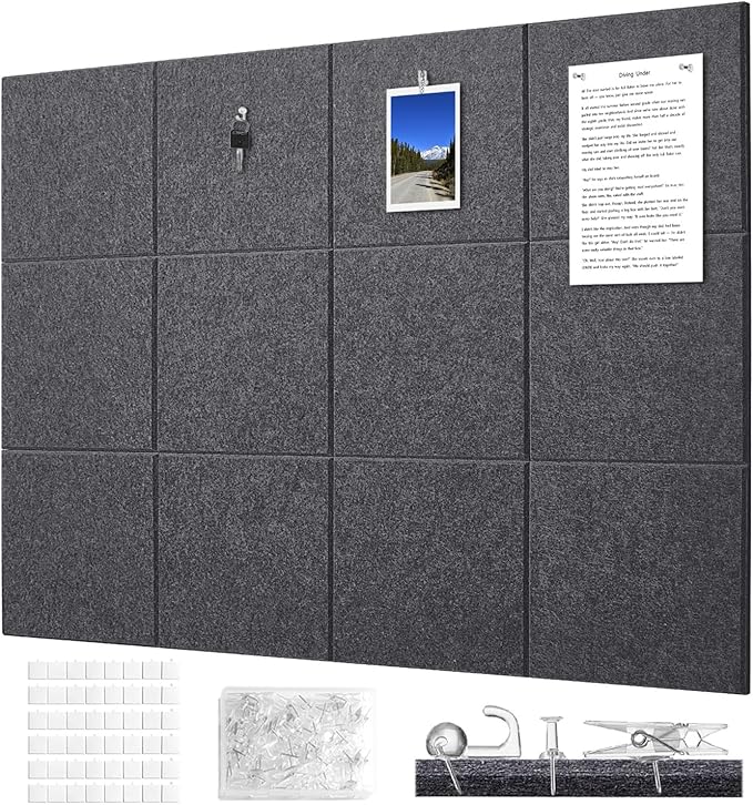 Felt Wall Tiles Bulletin Board Large Cork Board Alternative 12 Pack 11.81”x11.81”x0.47” Felt Pin Board Tack Board with Safe Removable Adhesive Tabs for Home Office School 48x36(Charcoal Grey)