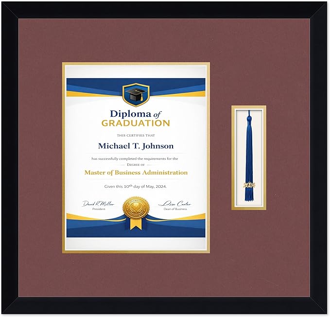 Diploma Frame with Tassel Holder Matte Black Shadowbox Dark Red Over Gold Mat - Fits 8.5 x 11 Degree Made in the USA