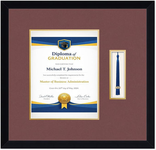 Diploma Frame with Tassel Holder Matte Black Shadowbox Dark Red Over Gold Mat - Fits 8.5 x 11 Degree Made in the USA