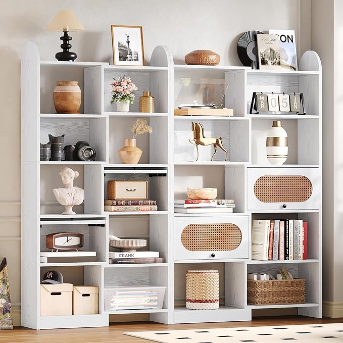 IRONCK Bookshelf and Bookcase with 2 Rattan Design Flip-top Storage Cabinets, 6 Tier 8 Cube Bookcases Storage Shelves Organizer for Living Room, 35.4" White