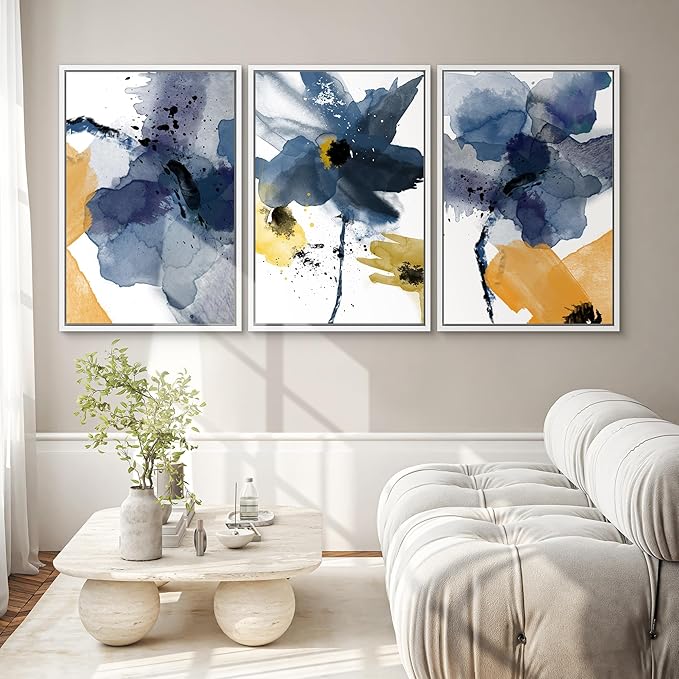 SIGNWIN Framed Canvas Wall Art Blue and Orange Blossoms Botanical Flower Watercolor Modern Art Tropical Relax/Calm for Living Room, Bedroom, Office - 16"x24"x3 White