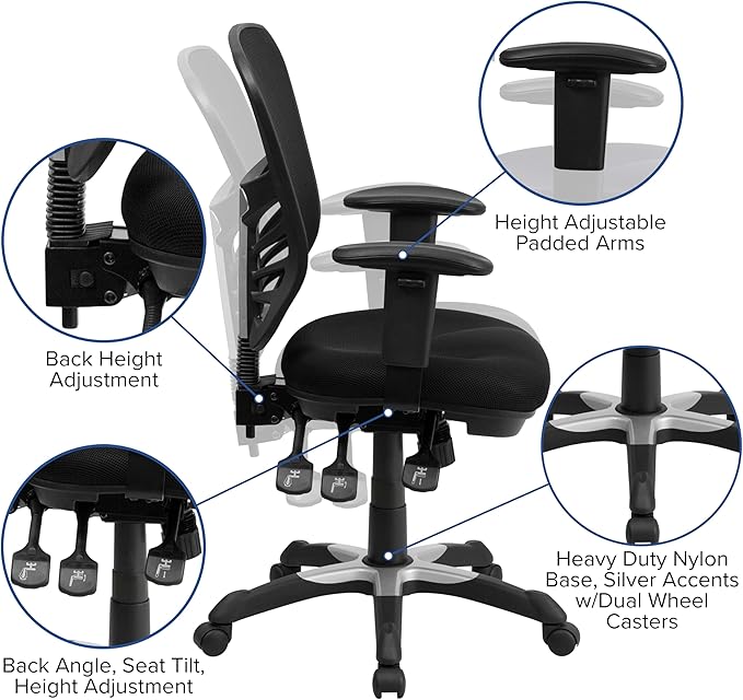 Flash Furniture Nicholas Mid-Back Swivel Desk Chair with Wheels, Mesh Back, Padded Seat, and Armrests, Adjustable Height Mesh Ergonomic Office Chair, Black
