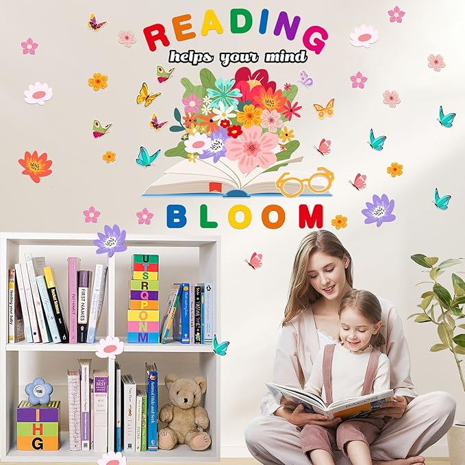 LioNergy Reading Classroom Bulletin Board Set Reading Helps Your Mind Bloom Bulletin Board Decoration Flower Butterfly Cutouts Wall Door Décor for Kindergarten Preschool Elementary Middle School