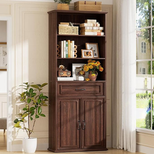 Cyclysio 80" Tall Bookcase, Farmhouse Bookshelves with Drawer and Doors, Floor Standing 6 Shelf Display Storage Cabinet for Home Office, Living Room (1, Black Walnut)