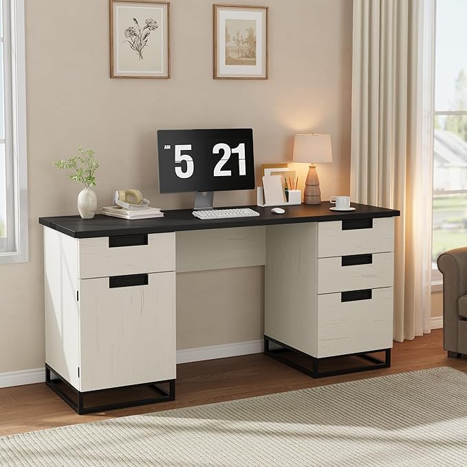 Garvee 59 in Farmhouse Executive Desk, Home Office Desk with File Drawer and Storage Cabinet, Wooden Computer Table with 3 Drawers for Work and Study ，White+Vintage/Black