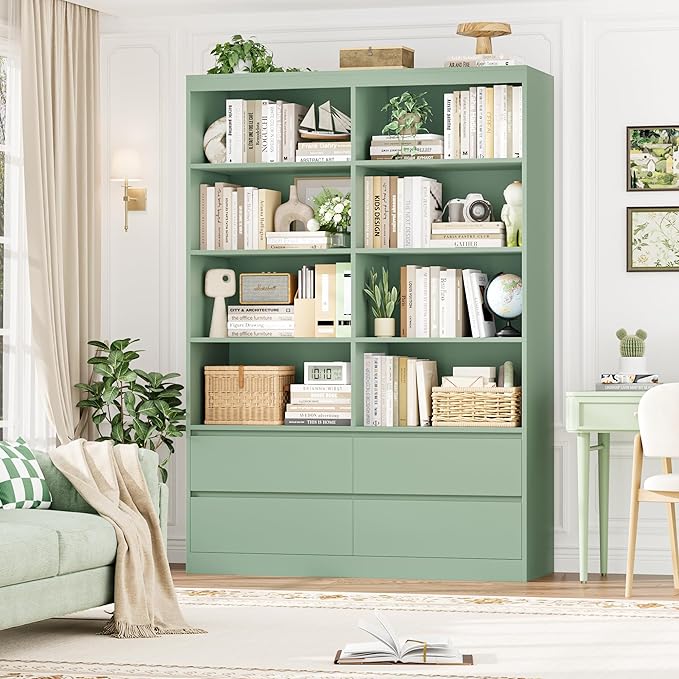 FINETONES Bookshelves and Bookcase, 47.3" Double Wide Bookshelf with Drawers, 71" Tall Bookshelf Large Open Book Shelf Standing Book Case for Home Office, Green