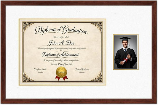 Diploma Frame With Photo Opening Rustic Walnut Oyster Shell Over Gold Mat - Fits 17 x 13 Degree and Picture Made in the USA