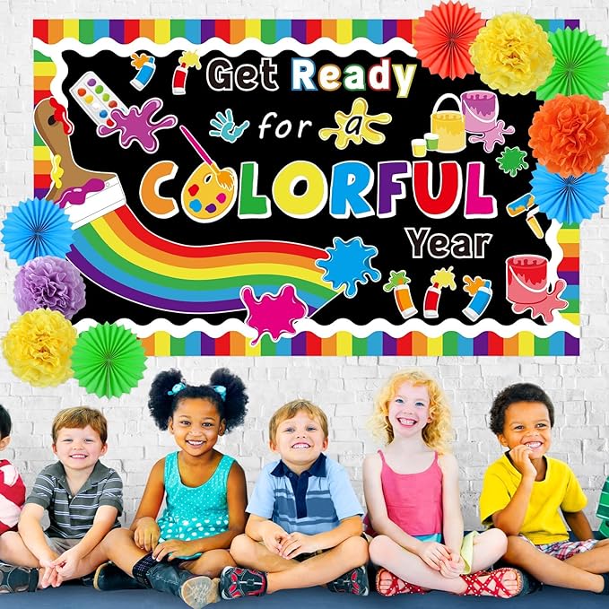 Get Ready for A Colorful Year Bulletin Board Classroom Decorations 3D Colorful Back to School Bulletin Board Set with Tissue Paper Fans Pompoms Art Painting Cutouts for Offices Chalkboard Wall Supplie