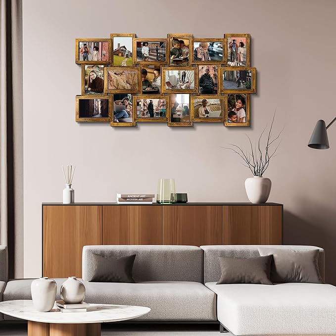 J.M.Deco Collage Picture Frames for Wall Decor, 18-Opening Family Picture Frame Set, One-Piece Photo Frames for Living Room, Bedroom, Gallery, Retro Gold
