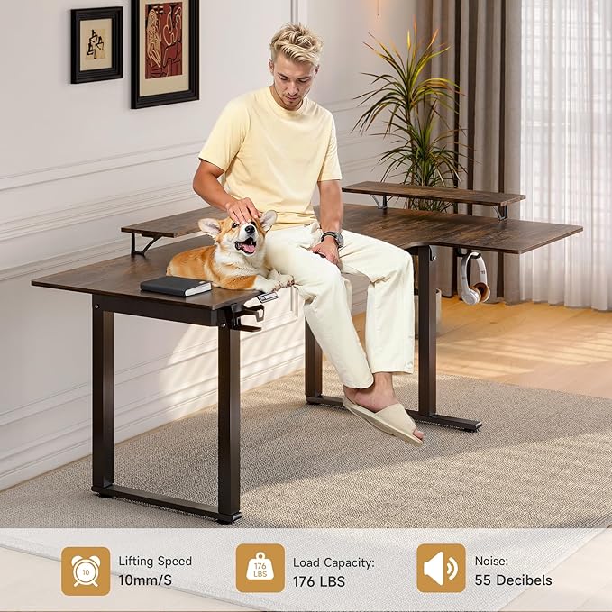 L Shaped Electric Standing Desk, 71x43'' Computer Desks with 2 Monitor Shelves, Dual Motor and Memory Controller, Gaming Corner Desk Adjustable Height from 28-46'' for Home Office, Rustic Brown