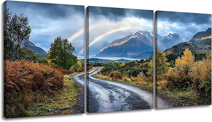 Landscape Canvas Wall Art Rainbow and Beautiful Nature Poster Print Countryside Natural Mountain Paths Picture Painting Wall Decor Artwork for Home Bedroom Bathroom Ready to Hang [36''W x 16''H]